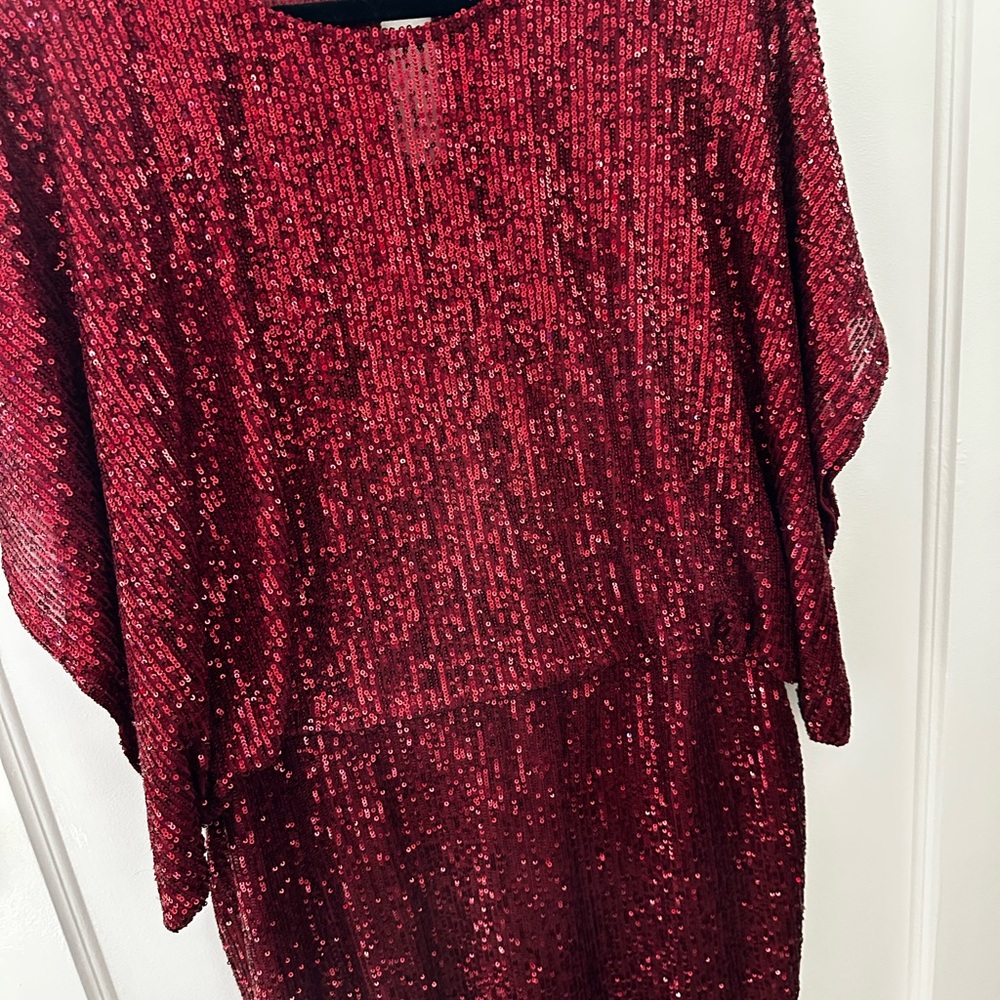 MARINA Burgundy Red Long Sleeve Sequin Dress